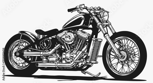 A detailed black and white illustration of a motorcycle viewed from the side showcasing its engine and wheels prominently