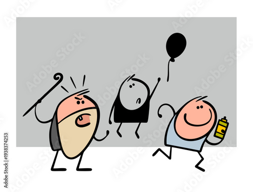 An angry old man yells at a street artist. A vector illustration of a teenager painting on a wall and running away with a spray can. Illegal art on a fence.
