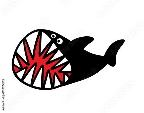 Shark big mouth, sea fish. Vector illustration of a predator from the depths of the ocean with sharp teeth. Aquatic fauna, fish swimming in the water, hunting for prey.