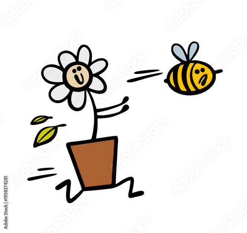 Flower in a ceramic pot chases an unfortunate bee. Vector illustration of insects pollinating plants in spring. Funny cartoon blossom, a pursuer, and a victim in nature.