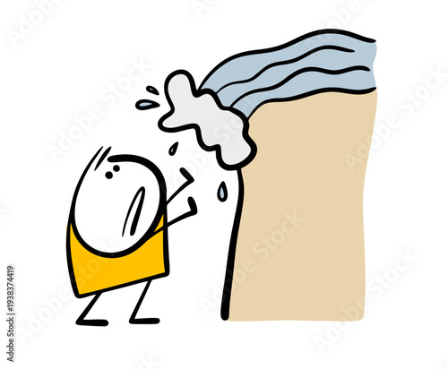 Waterfall. Vector illustration of a frightened man who sees water flowing down on his head. Funny situation of a river on a mountain. A dangerous natural phenomenon. Splashes in all directions.