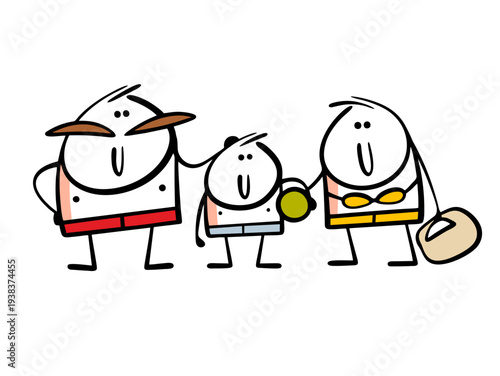 Friendly family on vacation. Vector illustration mother in swimsuit,  father in swimming trunks and son standing by water on beach. Child is playing with ball. Summer vacation, family get-together.