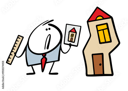 Achitect is looking at the curved walls of a new building. A vector illustration of man with ruler measuring  drawing. Dissatisfied builder and modern architecture.
