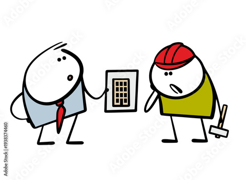 Modern architecture. Vector illustration of an architect in an office explaining multi-storey building project to construction worker wearing  hard hat. Construction site, modern building, skyscraper.