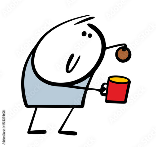Cute child dips chocolate cookies in milk. Vector illustration of a delicious Oreo dessert and a mug with a warm drink for breakfast. Cartoon character with food.
