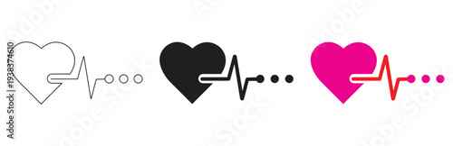 a set of three electrocardiogram ecg heart pulse icons showing heartbeat line with solid filled heart and outline heart and pink heart with red line