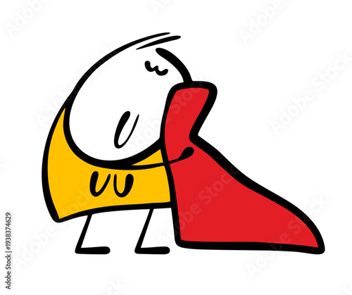 Cartoonish woman hugs a warm knitted woolen plaid. Vector illustration of a girl and home comfort. A funny character and a red blanket.
