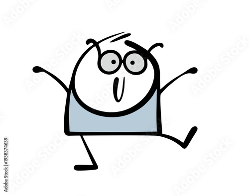 Cartoon boy with glasses is dancing. Vector illustration of  cute child in motion playing on a playground. Poor eyesight and  fashionable accessory.
