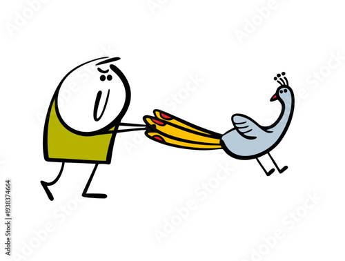 Bully and a butcher are pulling the poor peacock's tail. A vector illustration of a child bullying an animal at a zoo. The unfortunate bird is running away from the villain.
