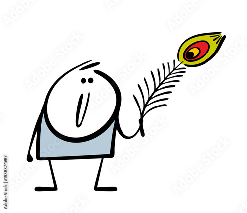 A cartoon character holds a beautiful peacock feather. Vector bird illustration of a natural interior decoration.
