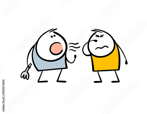 Two cartoon men   talking. Vector illustration shows a funny character who has eaten garlic and is stinking. The other person is wrinkling their nose and holding it to avoid the unpleasant smell.
