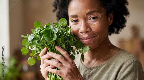 A woman embraces a fresh, v...