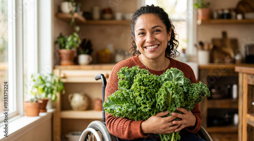 A beaming woman in a wheelc...