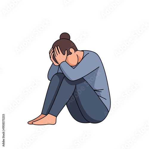 Woman sitting in fetal position, covering face with hands, feeling sad and depressed
