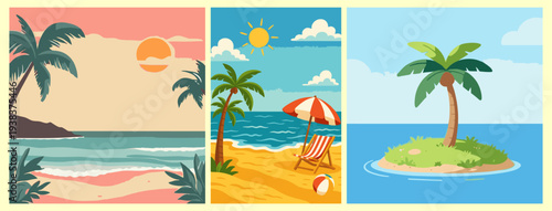 Tropical beach triptych with sunset ocean, paradise island, and summer vacation vector set