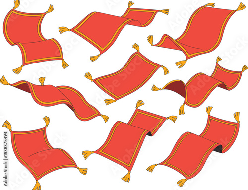 Flying magic carpet set, cartoon style red oriental rug collection, fantasy fairytale transport illustration, decorative tassel carpet clipart isolated