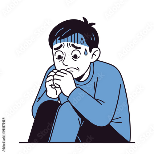 Anxious Man Frowning with Sweat Drops, Feeling Fear and Stress, Isolated on White Background