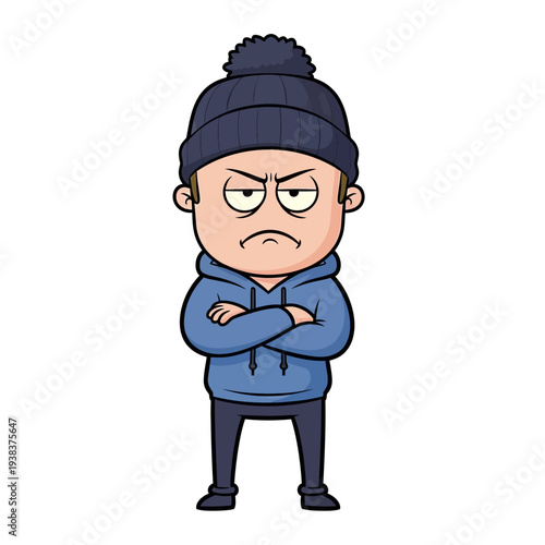 Angry cartoon boy with beanie and hoodie, arms crossed, sulking expression