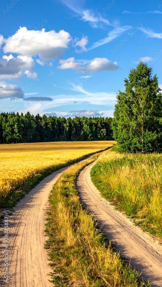 Naklejka premium A scenic dirt road winds through a sun-drenched field towards a distant forest under a bright blue, cloud-filled sky