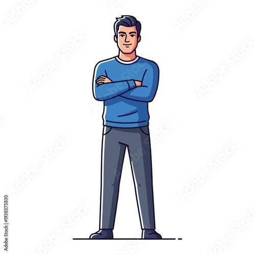 Confident Man Standing Arms Crossed, Casual Blue Sweater and Grey Pants