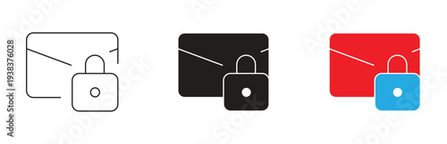 A set of flat vector icons depicting secure email and private messaging, combining an envelope with a padlock symbol to represent data protection, digital safety, and confidential communication.