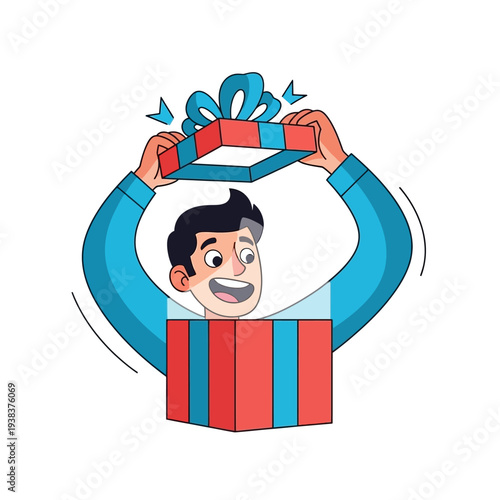 Excited Man Opening Gift Box Surprise, Happy Face, Celebration Concept