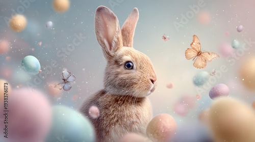 Cute bunny in a dreamy landscape with floating spring elements.