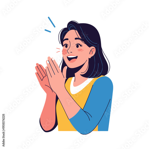 Excited woman clapping hands, celebrating success, positive emotion, flat illustration