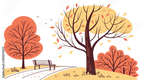a park scene with trees and a bench Vector