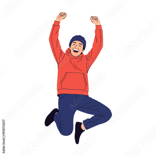 Excited Young Man Jumping with Arms Raised in Celebration