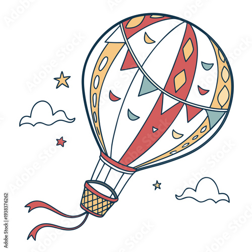 A colorful hot air balloon floating in a clear blue sky with fluffy clouds Vector