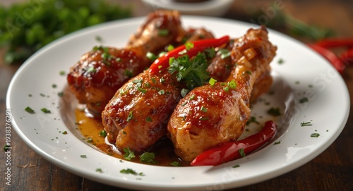 Chicken drumsticks golden baked with honey soy and ginger marinade served with chili pepper and parsley on white plate close view