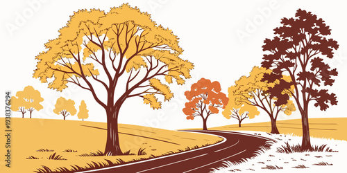 a path winds through a grassy hill with trees and autumn leaves Vector