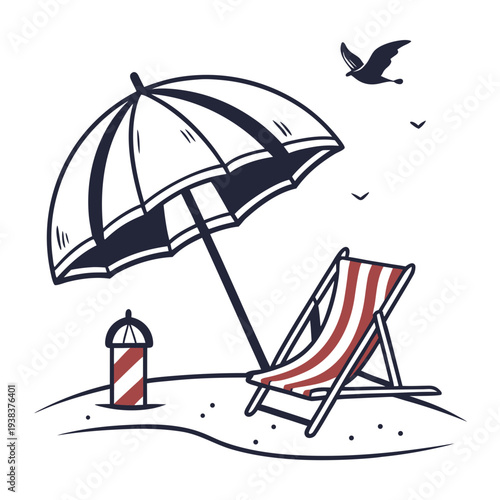 A serene beach scene with a seagull flying over a beach umbrella and deck chair. Vector