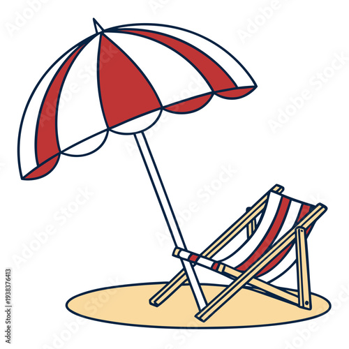 A relaxing beach scene with a red and white striped umbrella and a deck chair Vector