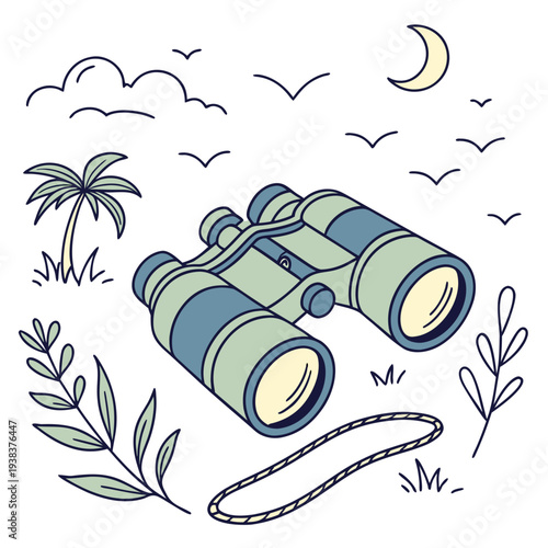 A serene nighttime scene with binoculars and tropical elements under a moonlit sky Vector
