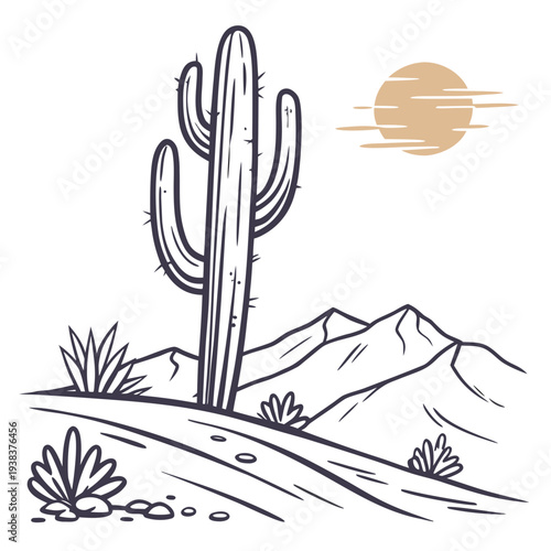 A serene desert landscape with a lone cactus and distant mountains under a setting sun Vector