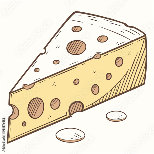 A delicious wedge of swiss cheese with holes and a few crumbs scattered around Vector