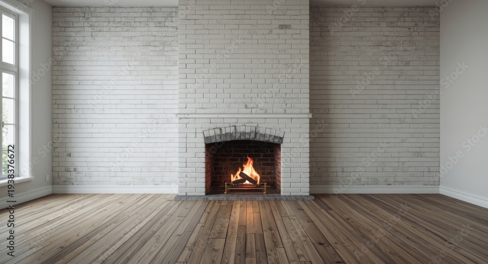 Obraz premium Empty living room showcasing gas fireplace on white brick wall with copy space included