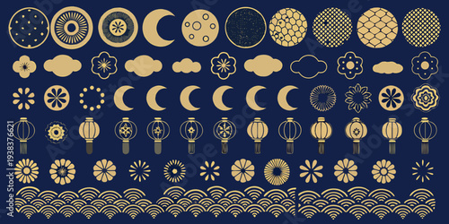 Collection of traditional japanese patterns and motifs in golden hues