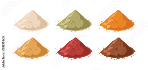 Multicolor powders vector, cartoon spice heaps, colorful seasoning piles illustration