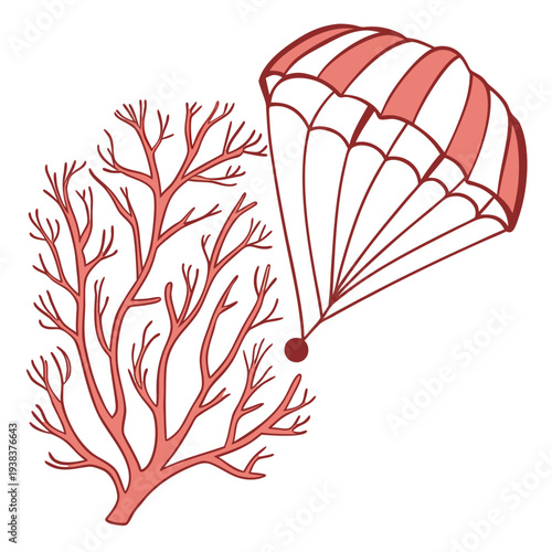 A vibrant coral reef with a parachute floating above it in the ocean. Vector
