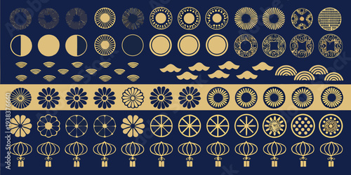 Collection of ornate geometric and floral patterns in gold and navy