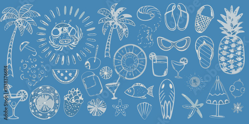 A collection of hand drawn summer themed icons on a blue background