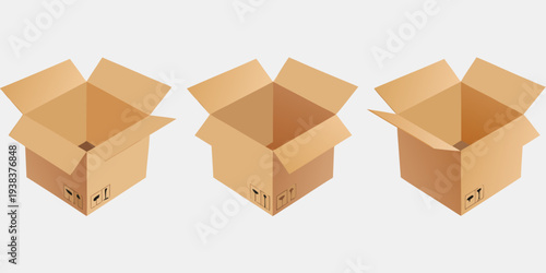 Three cardboard boxes in varying stages of being opened isometric view