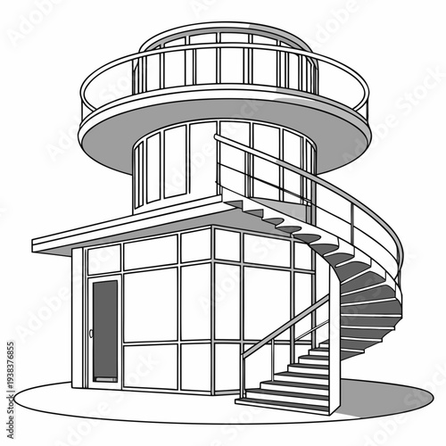 Modern spiral staircase in a contemporary glass-walled building with open design Vector