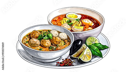 Two bowls of steaming noodle soup with various toppings, lime wedges, spices and spoon, ready to be savored