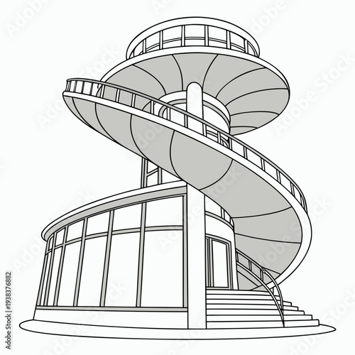 A futuristic building with a unique architectural design and a spiral structure on top Vector