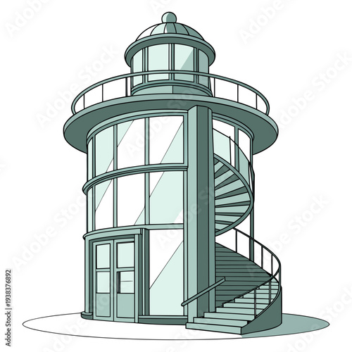 A vintage lighthouse with a spiral staircase and large windows overlooking the sea Vector