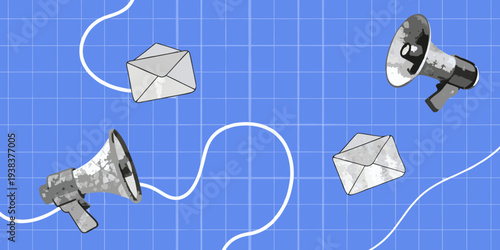 Megaphones and envelopes float against a blue grid background